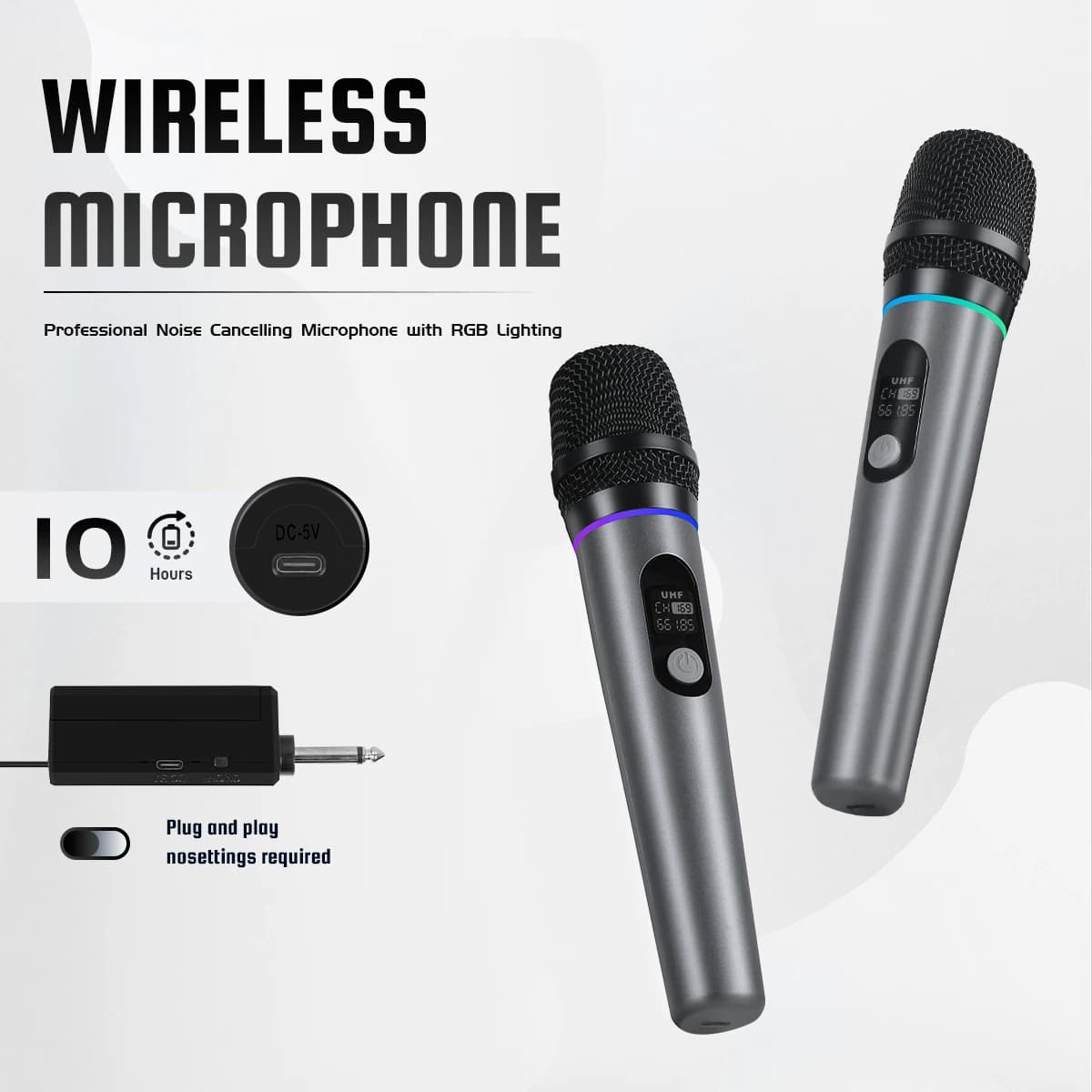 Dual Wireless Microphone System, Dynamic Cardioid Karaoke Mic Rechargeable RGB Noise Cancelling for Mixer Amplifier Party