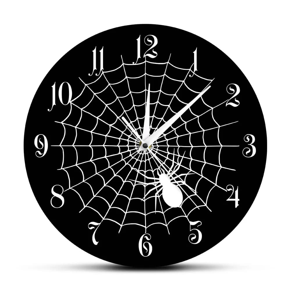Black quartz wall clock with web, Halloween party signs, horror spider web, wall decoration, modern wall clock, silent movement