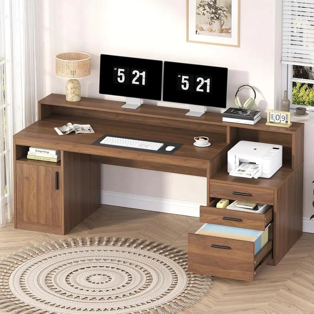 Marrone 65 executive desk with 3 drawers, Storage shelves and Home Office Monitor Support