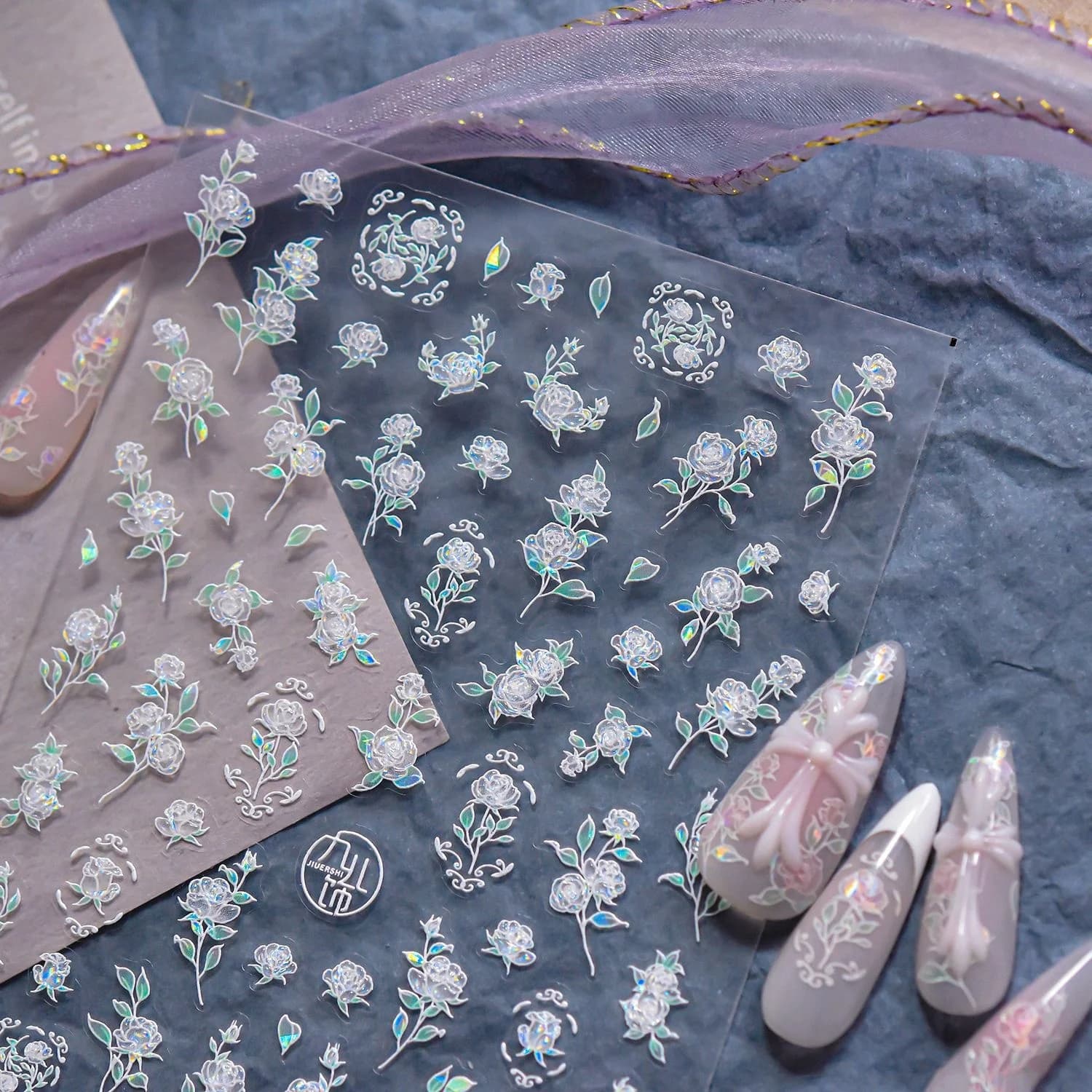 Stickers for Nails 5D Laser Silver Pink White, Floral Frame Ethereal, Vine Copper, Petal Sliding, Transferable Self-adhesive for Manicure DIY