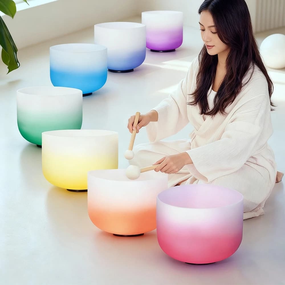Hye-eun Candy Colored 6-12Inch 432hz/440hz Crystal Singing Bowls Chakra Set with Duty Carrying Bags Suede Sticks,Rubber Mallet