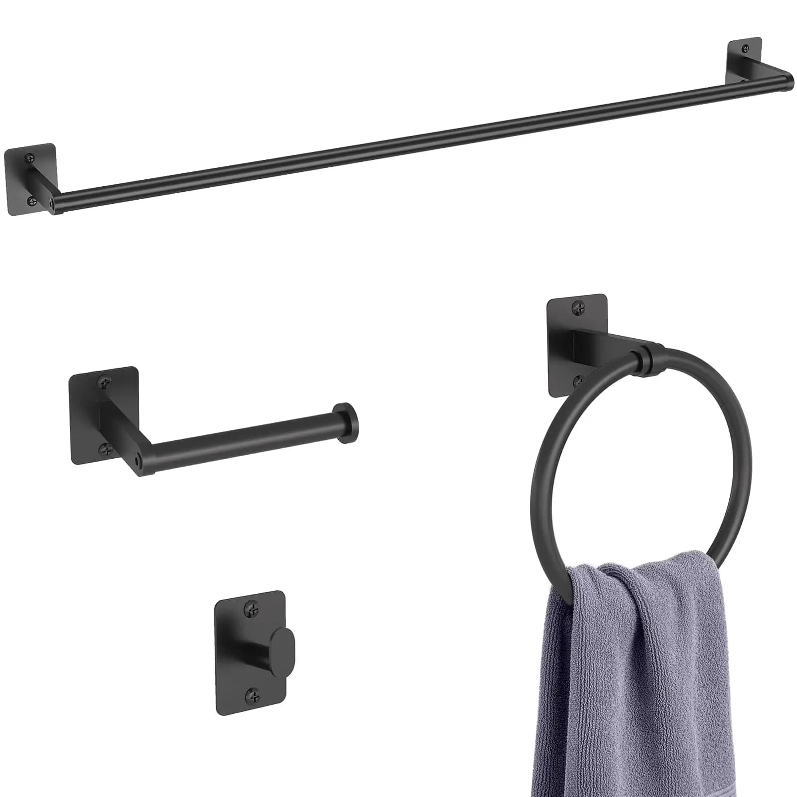 Matte Black 4-Piece Wall-Mounted Bathroom Accessory Set: 32″ Towel Bar, Ring, Toilet Paper Holder, And Robe Hook