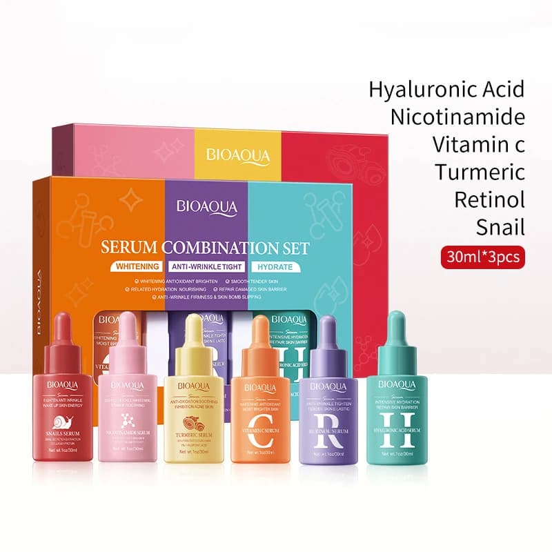 Set 3 Pieces BIOAQUA Siero Viso with Vitamin C, Retinol and Hyaluronic Acid, Hydrating Antiwrinkles and Whitening, Skin Care Products