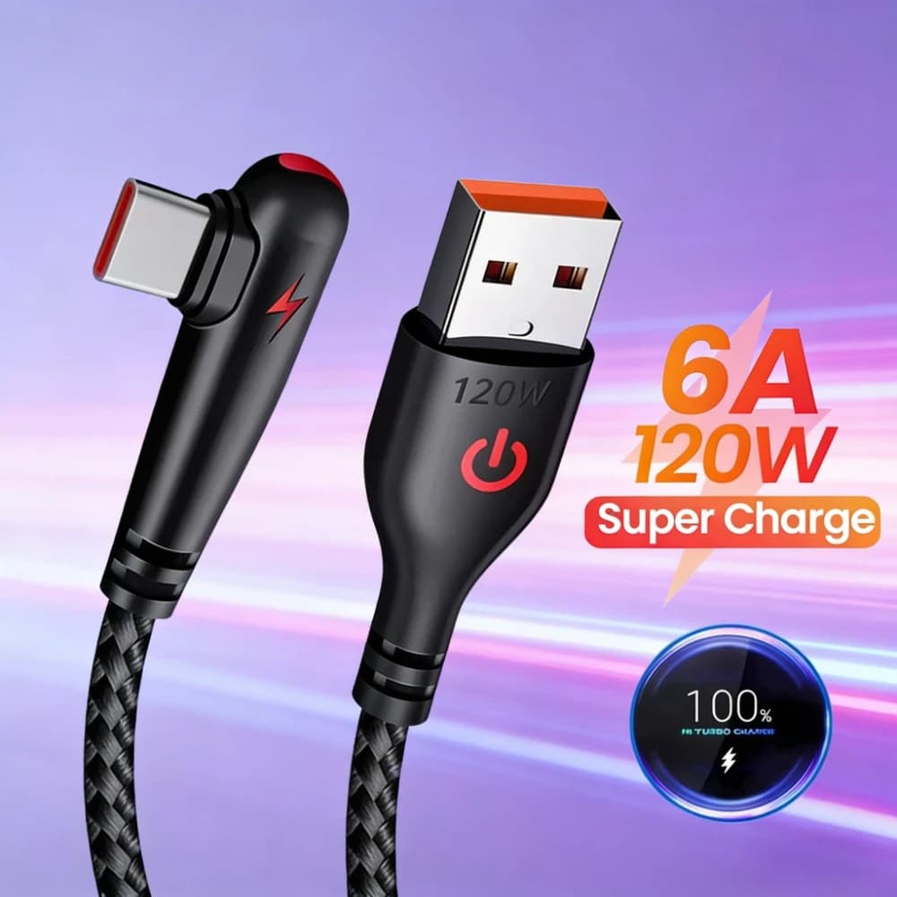 Cavo USB a Tipo C da 120W con Connettore a 90 Gradi per Ricarica Rapida e Trasferimento Dati per Huawei Mate 60, Xiaomi, Samsung e Altri Telefoni Cellulari
