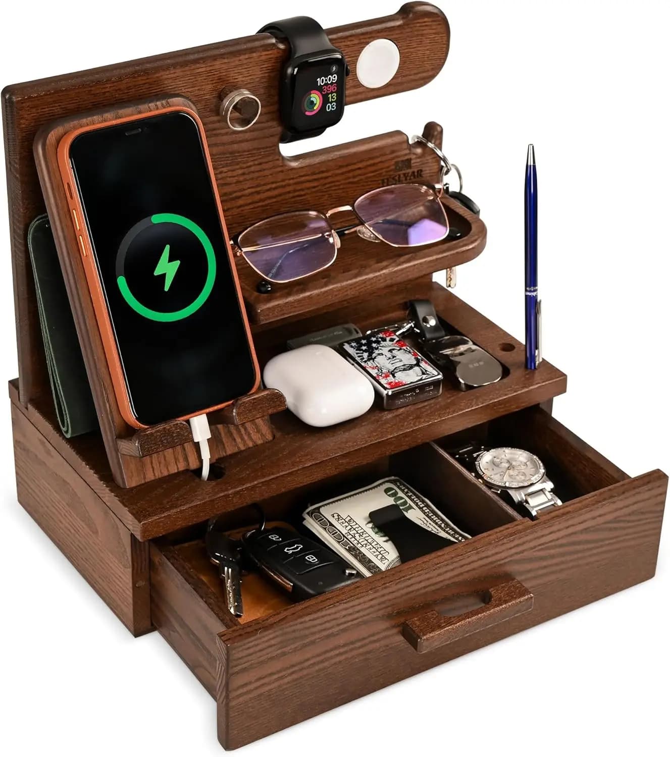 Stazione di ricarica per telefono in legno con cassetto - Organizer da comodino per uomo, regali di compleanno, porta chiavi