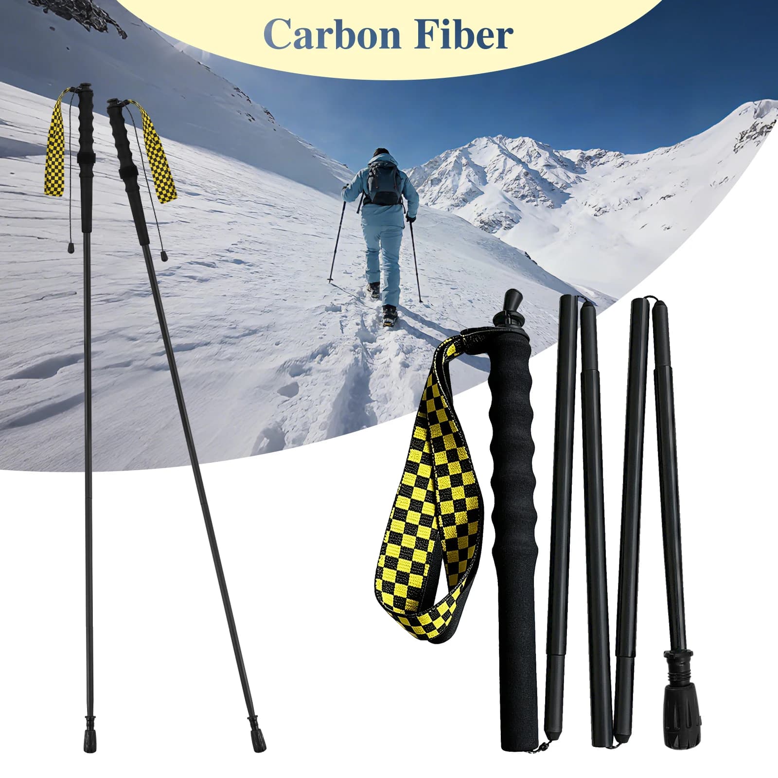 Bastone da trekking in fibra di carbonio, bastone da Nordic Walking pieghevole in cinque sezioni, bastone da escursionismo in fibra di carbonio ad alta resistenza, robusto e durevole, compatto per riporre, leggero e facile da trasportare, finitura nera opaca, cinturino da polso colorato, adatto per viaggi all'aperto ed escursioni.