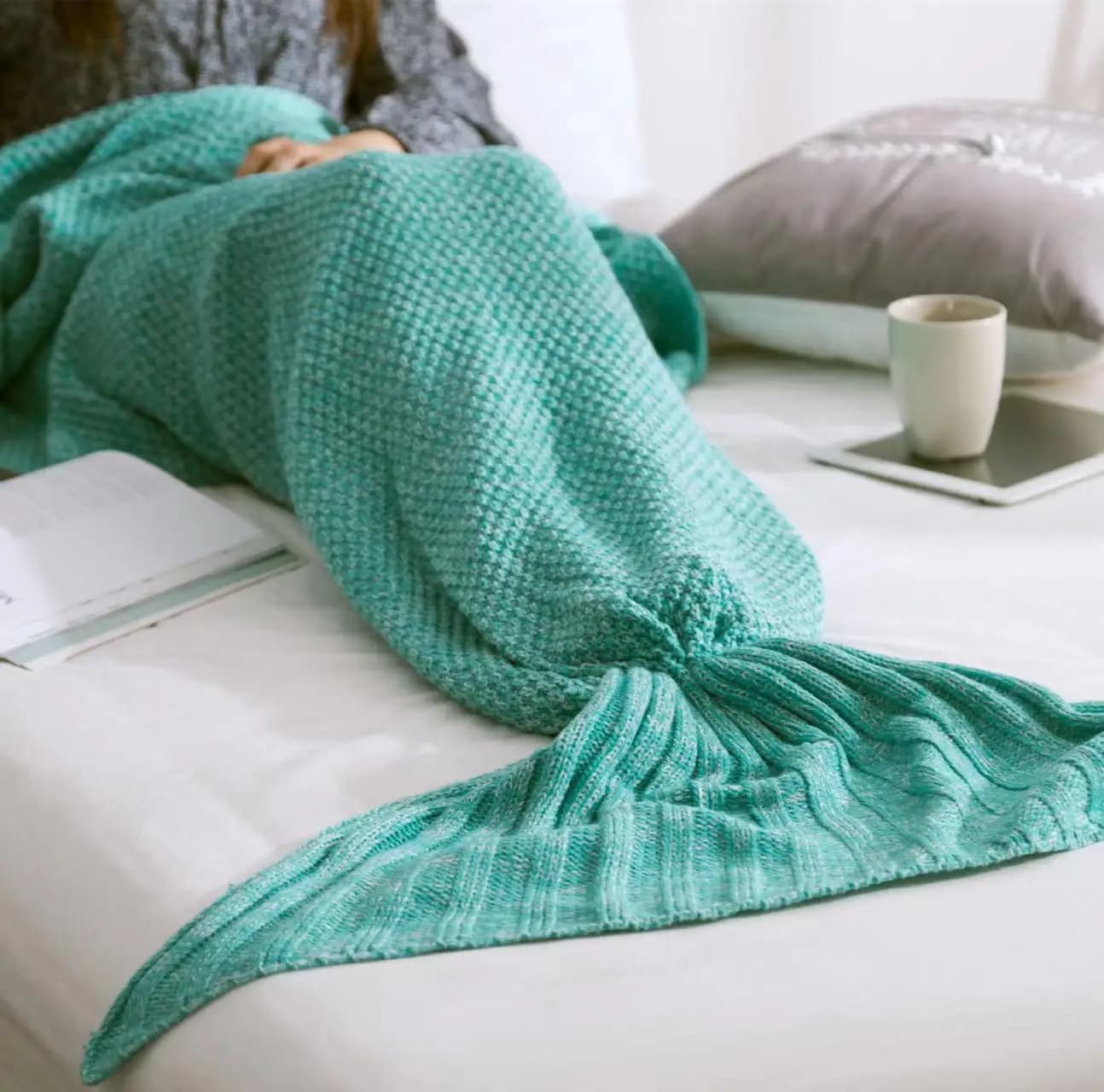 Coperta lavorata a maglia per bambini e adulti, coda di sirena, cartone animato, copertura per la casa, spiaggia, viaggi, letto, uso del divano, bambino, FG437