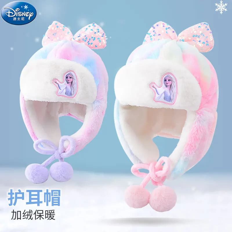 Disney Hat Frozen Peaked Cap for Girls Elsa Kids Accessories Add Velvet Ear Protection Cold Proof Windproof Autumn and Winter