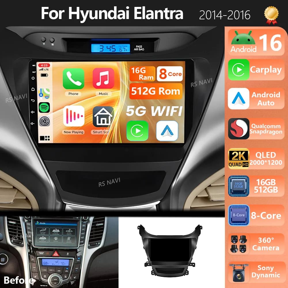 Autoradio Android 14 con Carplay, schermo QLED 2K Qualcomm per Hyundai Elantra 2014-2016, multimediale, Wi-Fi, GPS, 4G, stereo, DSP