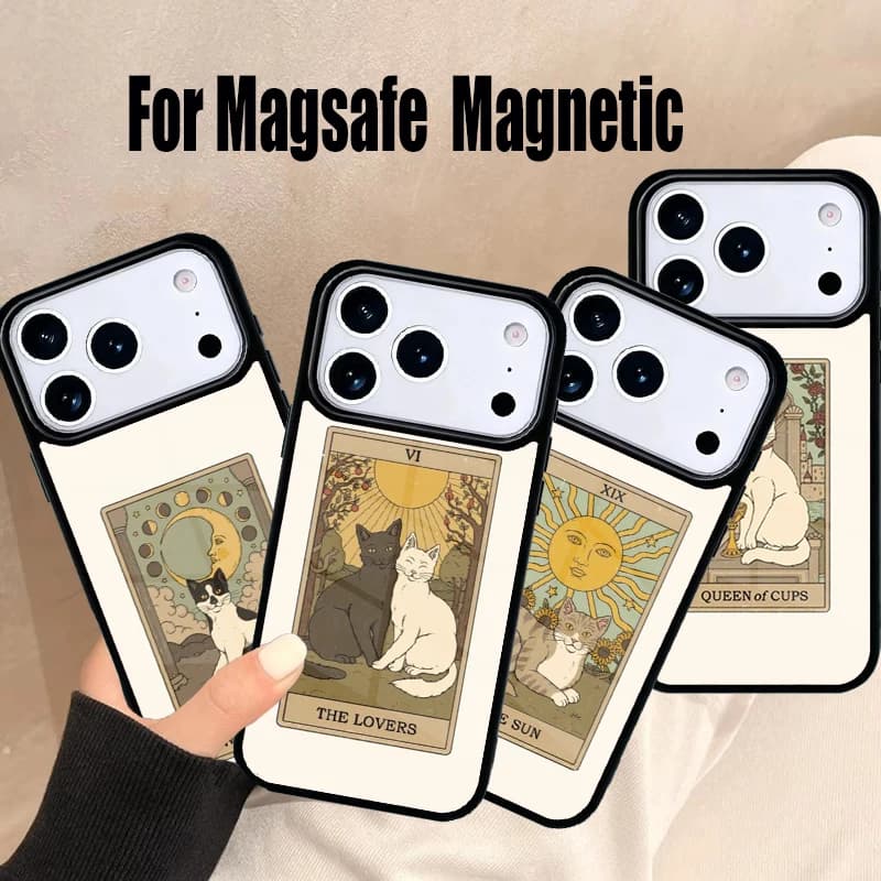 Cover per iPhone con Gatti Artistici Stile Tarocchi per iPhone 17 Air 16e 15 14 13 12 11 Pro Max Plus, Cover Magnetica Wireless Magsafe