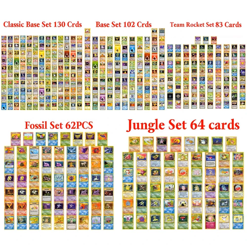 Set Completo di Carte da Gioco PKM: Team Rocket 83 Pezzi, Fossil 62 Pezzi, Jngle 64 Pezzi, Base Set 102 Pezzi, Base Set 2 130 Pezzi, Proxy, Confezionate Singolarmente