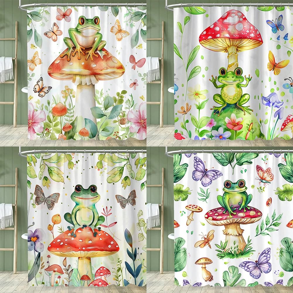 Tenda da doccia con simpatico rana verde dei cartoni animati, tenda da doccia decorativa per bagno con fiori e piante, tenda per la casa con ganci