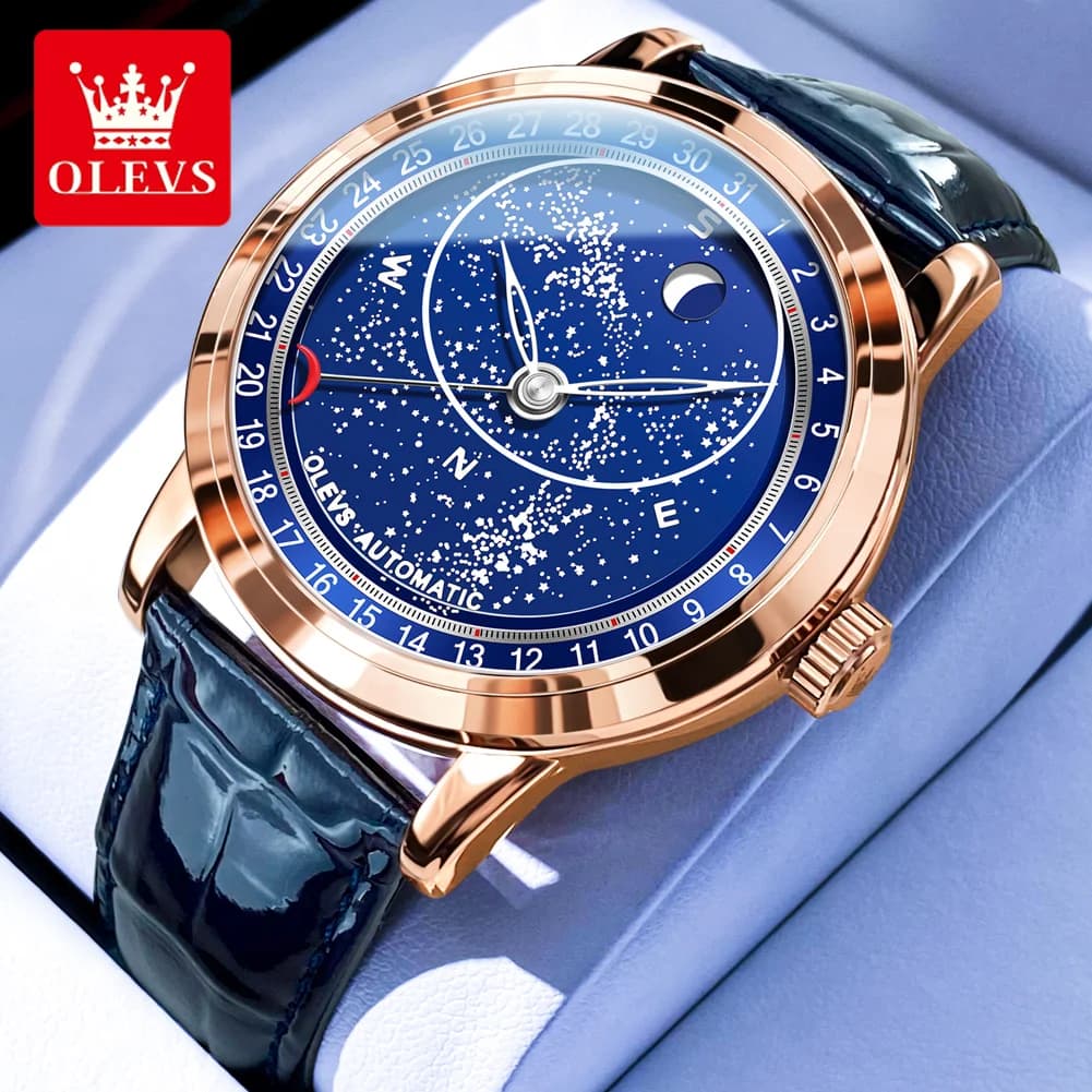 OLEVS 9923 Fashion Men's Watch with Automatic Mechanical Movement, Leather Strap, Waterproof, Star Bright Dial