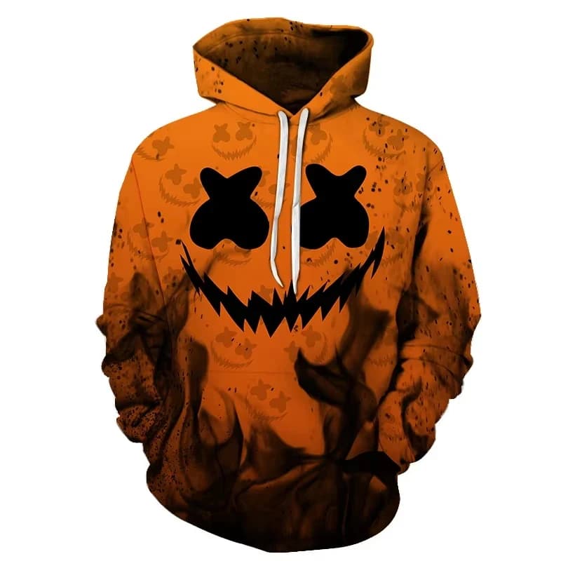 Divertente Felpa con Cappuccio da Uomo per Halloween con Faccina Sorridente Stampa 3D Abbigliamento Maschile Felpa Oversize con Cappuccio