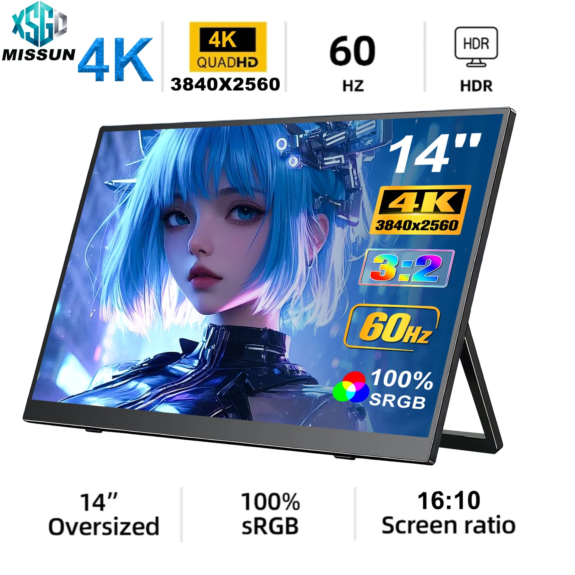 Monitor Portatile HOWENS 3840*2560 14 Pollici 4K 60HZ per Laptop, Xbox, PS4/5, Switch, TV Box, Cellulare, PC, Display Esterno Mobile