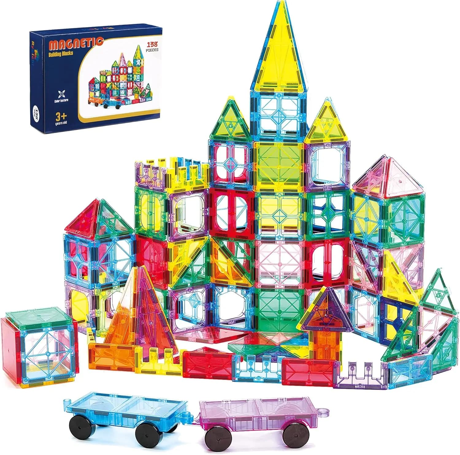 Set di 138 Pezzi di Piastrelle Magnetiche con 2 Auto, Blocchi da Costruzione STEM per Bambini dai 3 ai 9 Anni