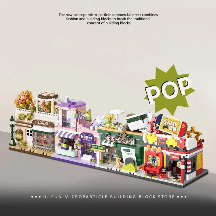 Funny City Street View Building Bricks Florist Coffee Shop Milk Tea Game Hall Construction Mini Block Streetscape Toys For Gifts