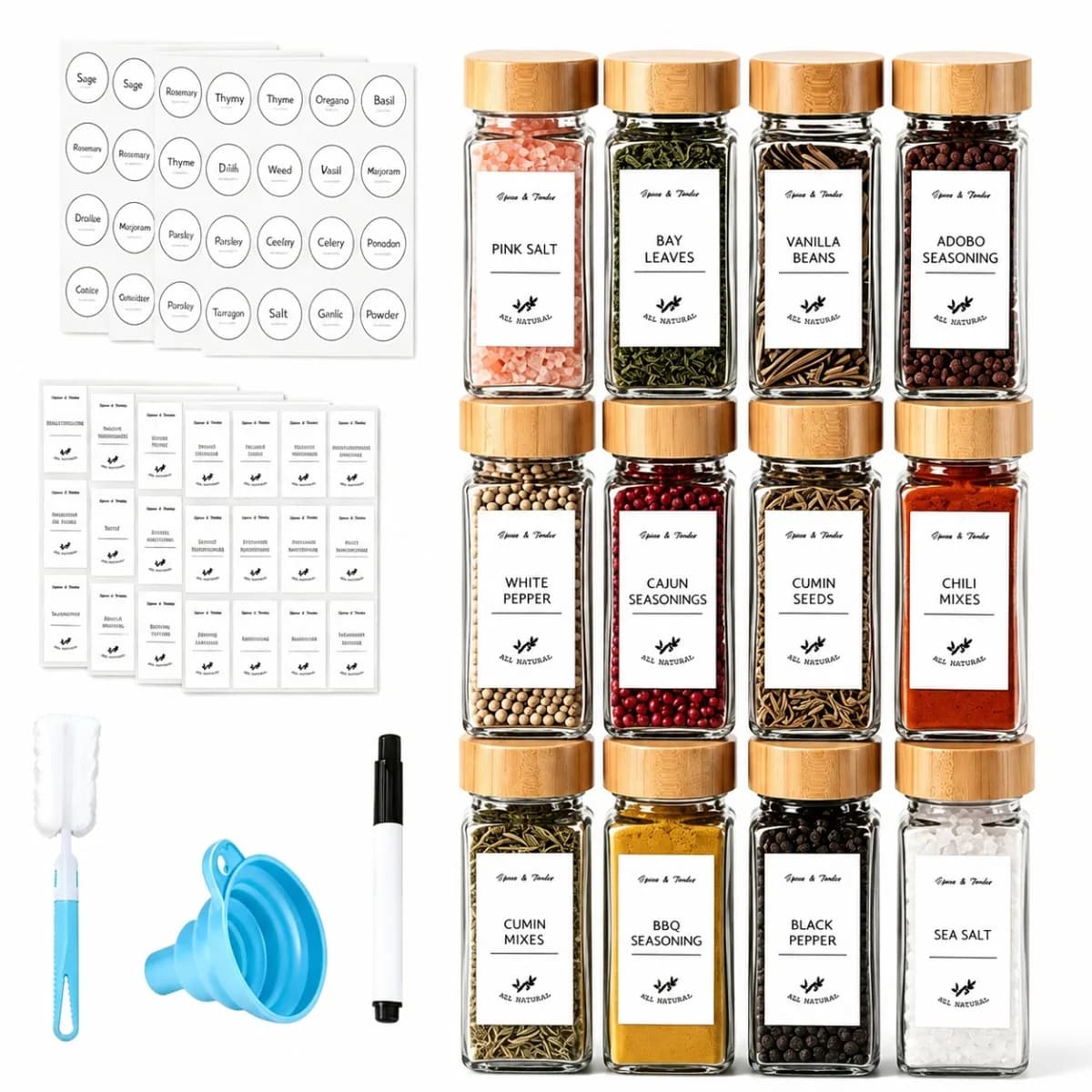 Glass Spice Jars 12Pcs 4oz with Bamboo Lids Farmhouse Labels Stickers Collapsible Funnel Sponge Brush Kitchen Storage Container