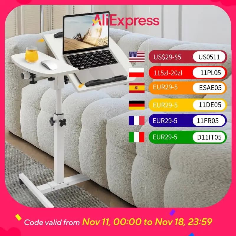 Supporto da tavolo in MDF Tavolo per laptop con rotelle regolabile Altezza regolabile 60-95 cm Supporto da scrivania per computer con ruote Bianco