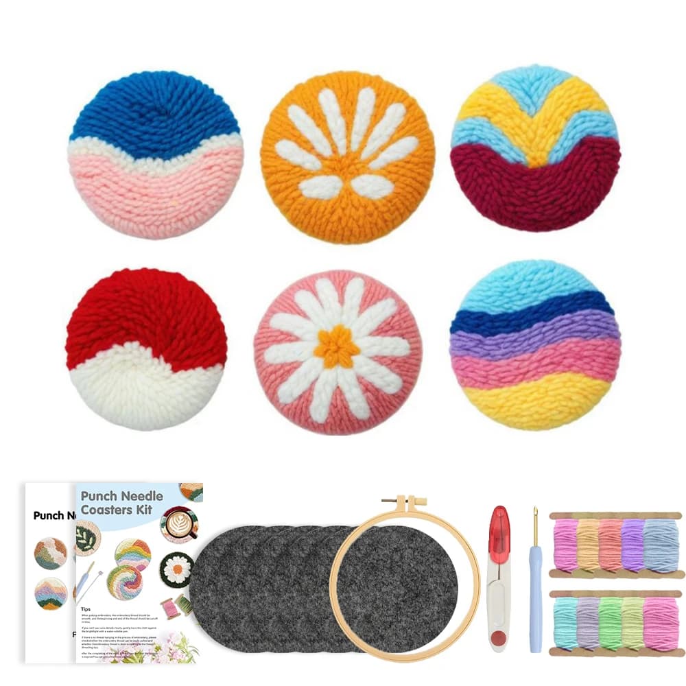 RUOPOTY 6pcs Punch Needle Coaster Kit Living Room Decoration White Flower Punch Needle Hobby Kits For Adults Flower Needle Punch