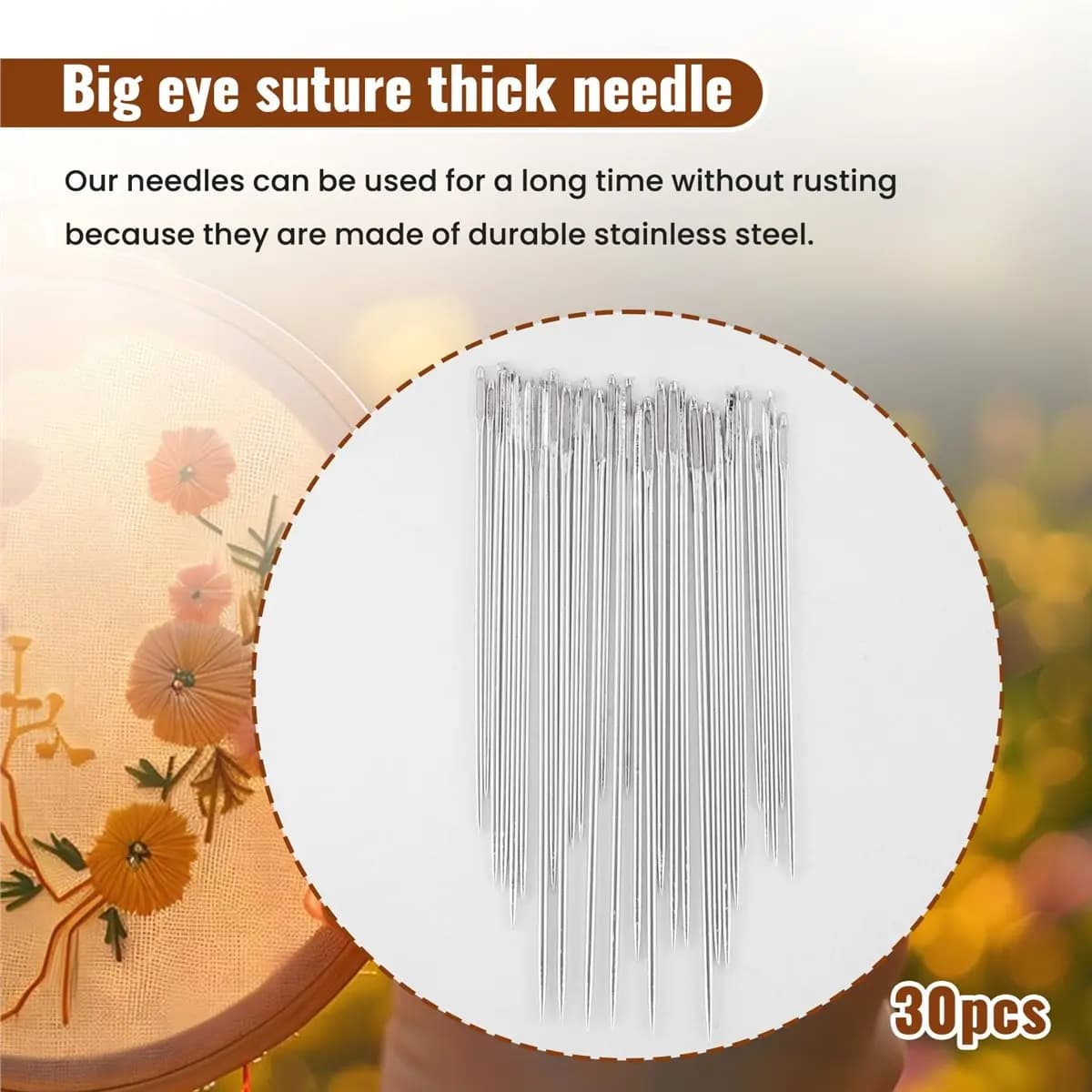 DT38 30Pcs Large-Eye Stitching Thick Needles, 5 Sizes Stainless Steel Sewing Needles Kit for Embroidery and Hand Sewing