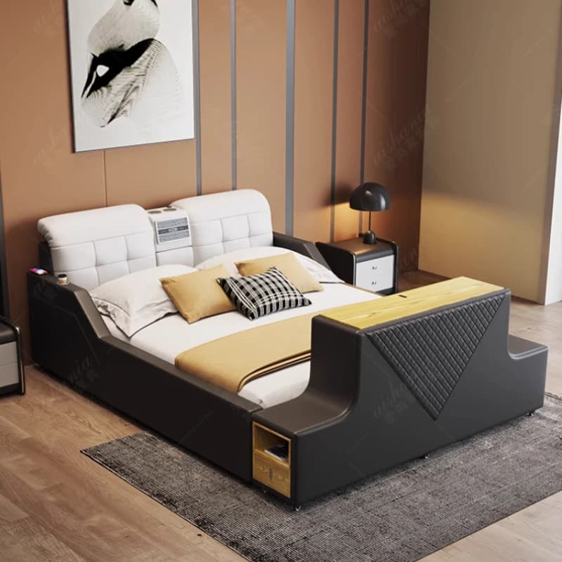 Ultimate Bed Frames Letto multifunzionale in vera pelle con schienale massaggiante, altoparlante Bluetooth, mobile TV con sollevamento intelligente