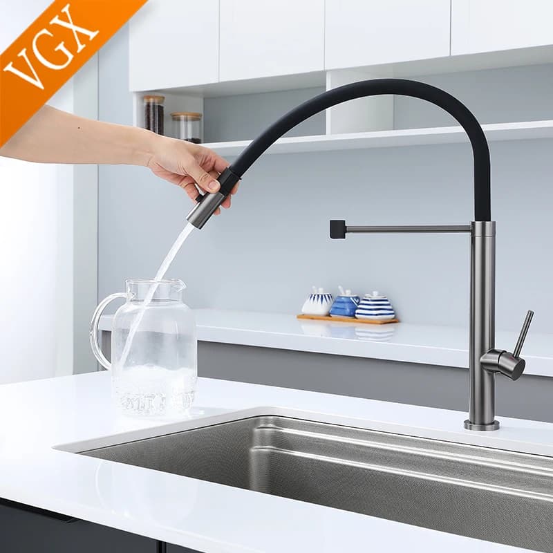 Rubinetto da Cucina VGX con Doccetta Estraibile in Gomma, Miscelatore Girevole in Acciaio Inox 304 per Lavello