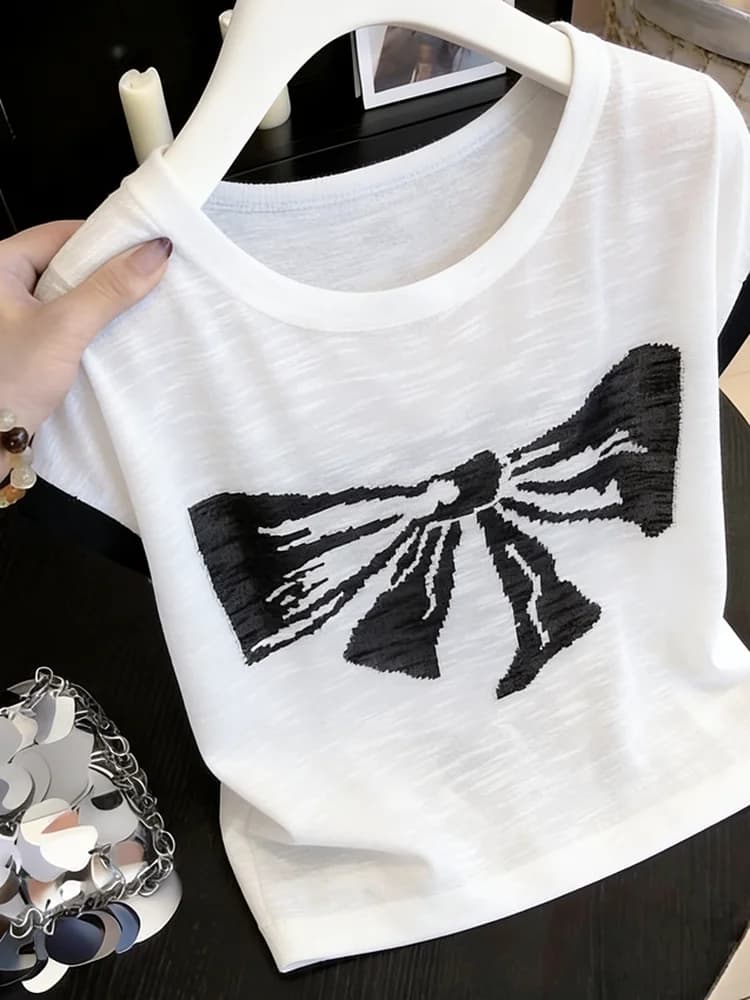 Large Size Ice Silk Short Sleeve T-Shirt Women's Summer Thin Knitted Loose Anti-Aging Top round Neck Embroidered Commute Style