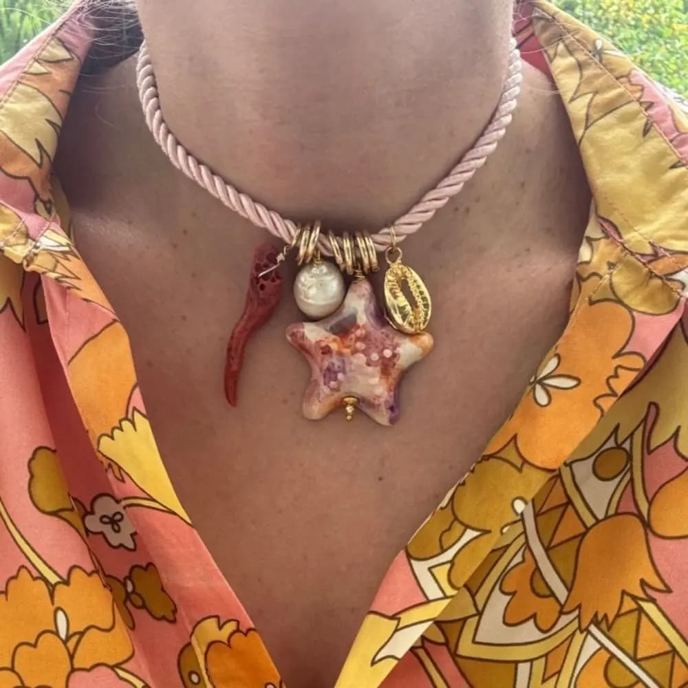 Collana con Ciondolo a Stella Marina in Resina Stile Etnico, Ciondoli a Forma di Organismi Marini, Collana con Cordino in Nylon Stile Hip Hop, Set di Gioielli e Accessori