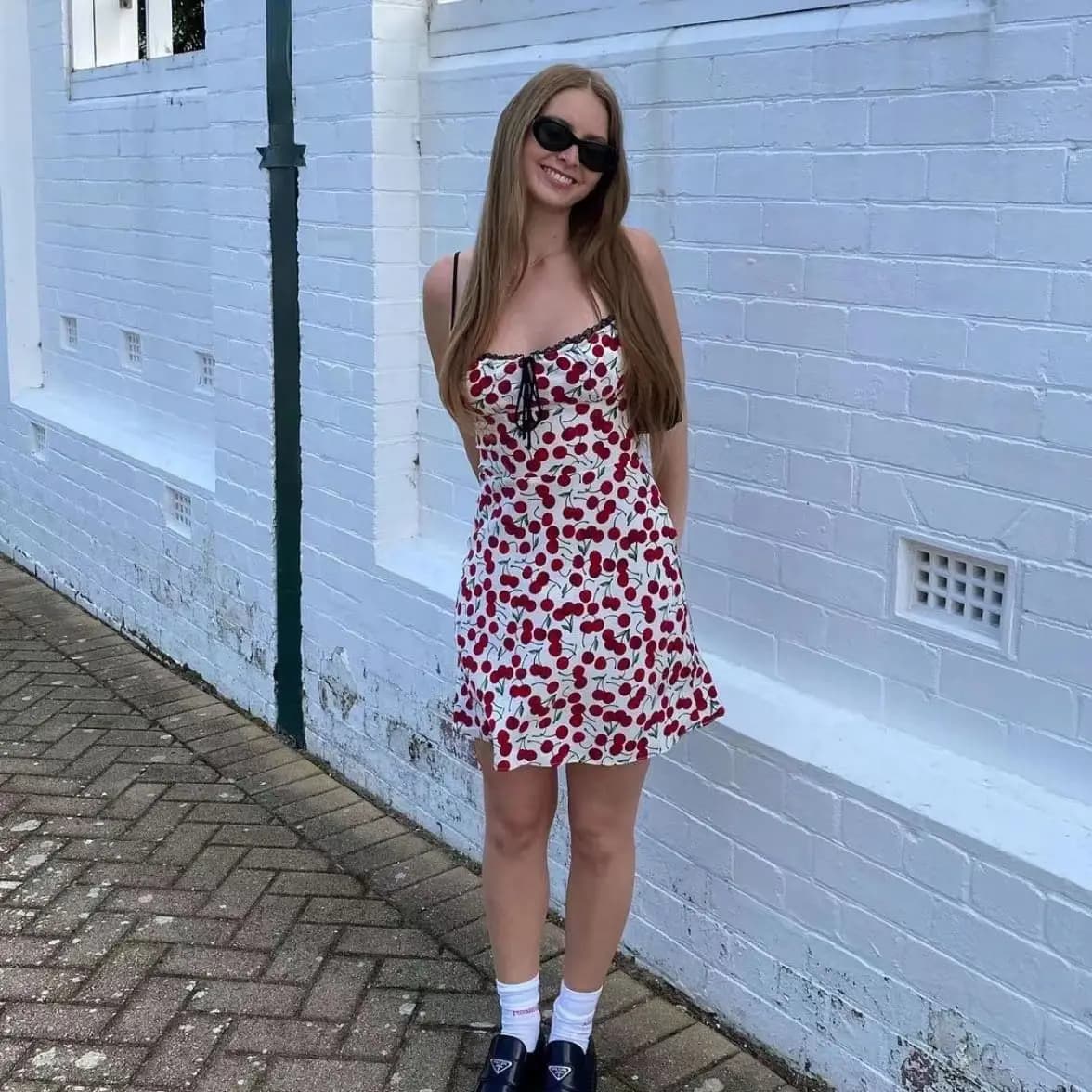 Retro Romantic Cherry Print Belted ter Dr Women's Spring Summer New Sle A-Line Skirt High Waist Svel One-oulder