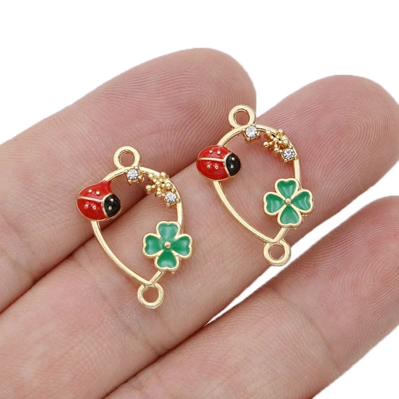 10 Pezzi Connettori a Goccia Placcati Oro con Smalto a Forma di Trifoglio e Coccinella per Creazione Braccialetti Fai da Te, Accessori Gioielli Fatti a Mano 24x16mm
