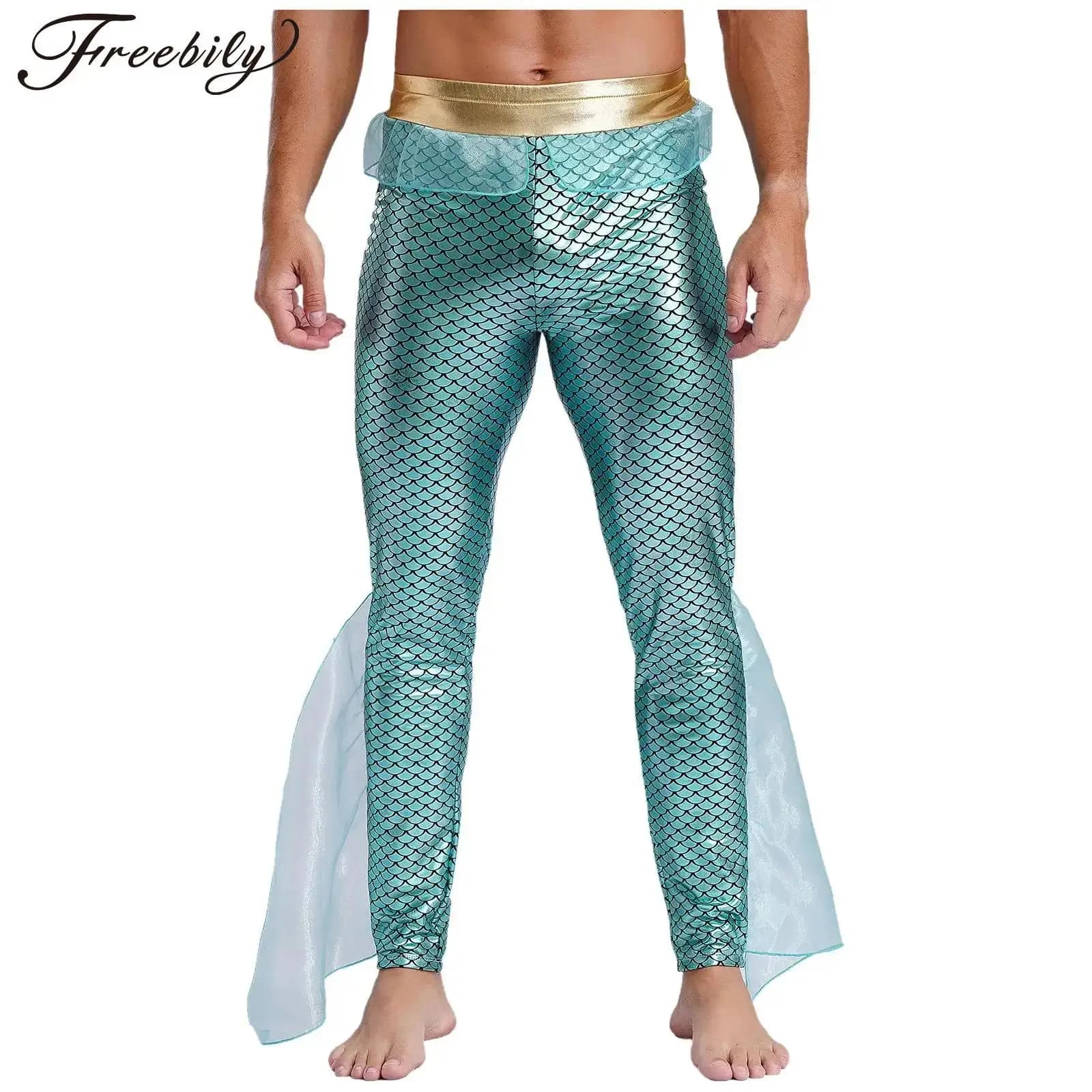 Pantaloni da sirena da uomo Poseidon King of The Sea Costume cosplay Leggings con stampa a squame di pesce lucido metallizzato per la festa a tema di Halloween