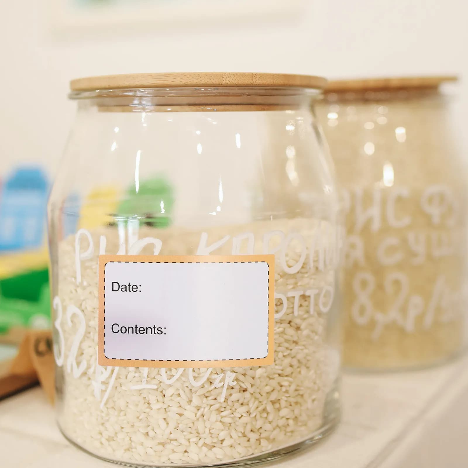 2 Rolls of Labels for Food Containers, Removable and Self-adhesive, Labels for Freezer Jars, Wall decals for Writing Data and Tracking the Storage for Glass Containers