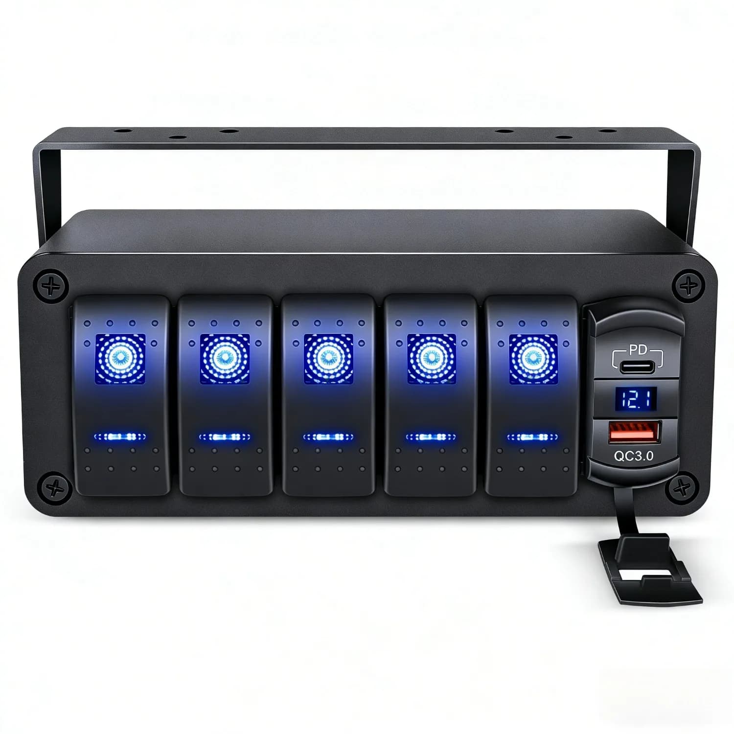 Waywe 5 Gang 12V SPST Rocker Switch Box - PD Type C/QC3.0 USB Charger Voltmeter Aluminum Panel DIY Stickers for vehicles