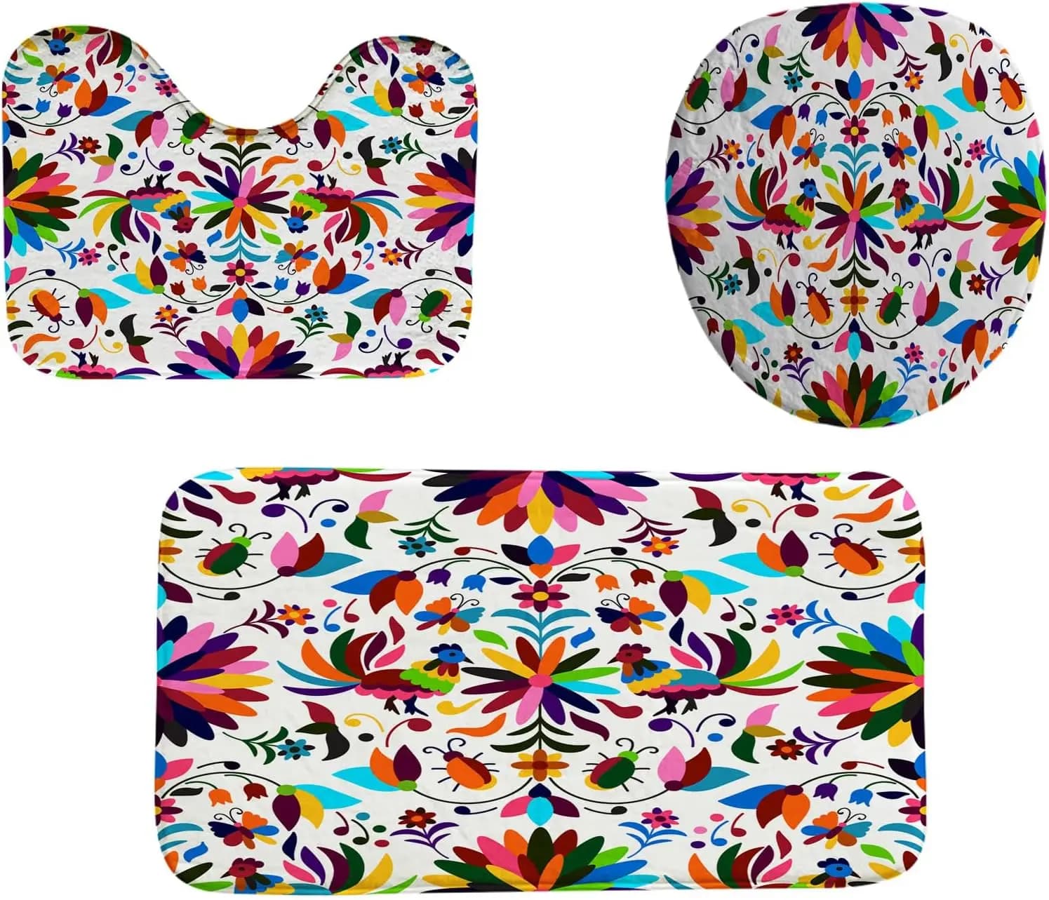 Set di tappetini da bagno messicani Otomi da 3 pezzi, tappeto in memory foam con motivo brillante, morbido e spesso, assorbente, lavabile in lavatrice, antiscivolo