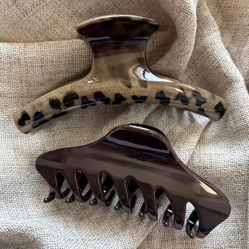 2PCS Leopard Print Solid Dark Brown Large Hair Claw Clip, Glossy Acetate Shark Clip, Vintage French Ponytail Hair Accessory For