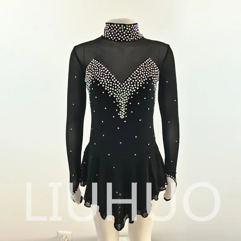 LIUHUO Abito da pattinaggio artistico su ghiaccio nero Abito da competizione in spandex elastico per ragazze Donne BD260