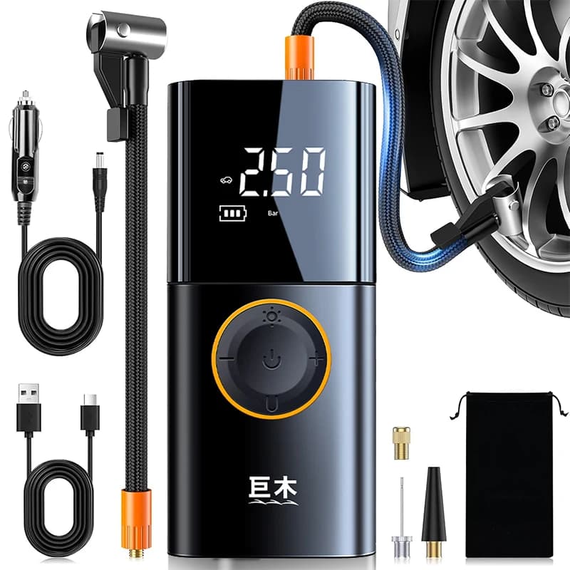 Compressore d'Aria Portatile a Doppia Alimentazione, Pompa per Auto, Moto, Biciclette e Veicoli Elettrici, Gonfiatore per Pneumatici