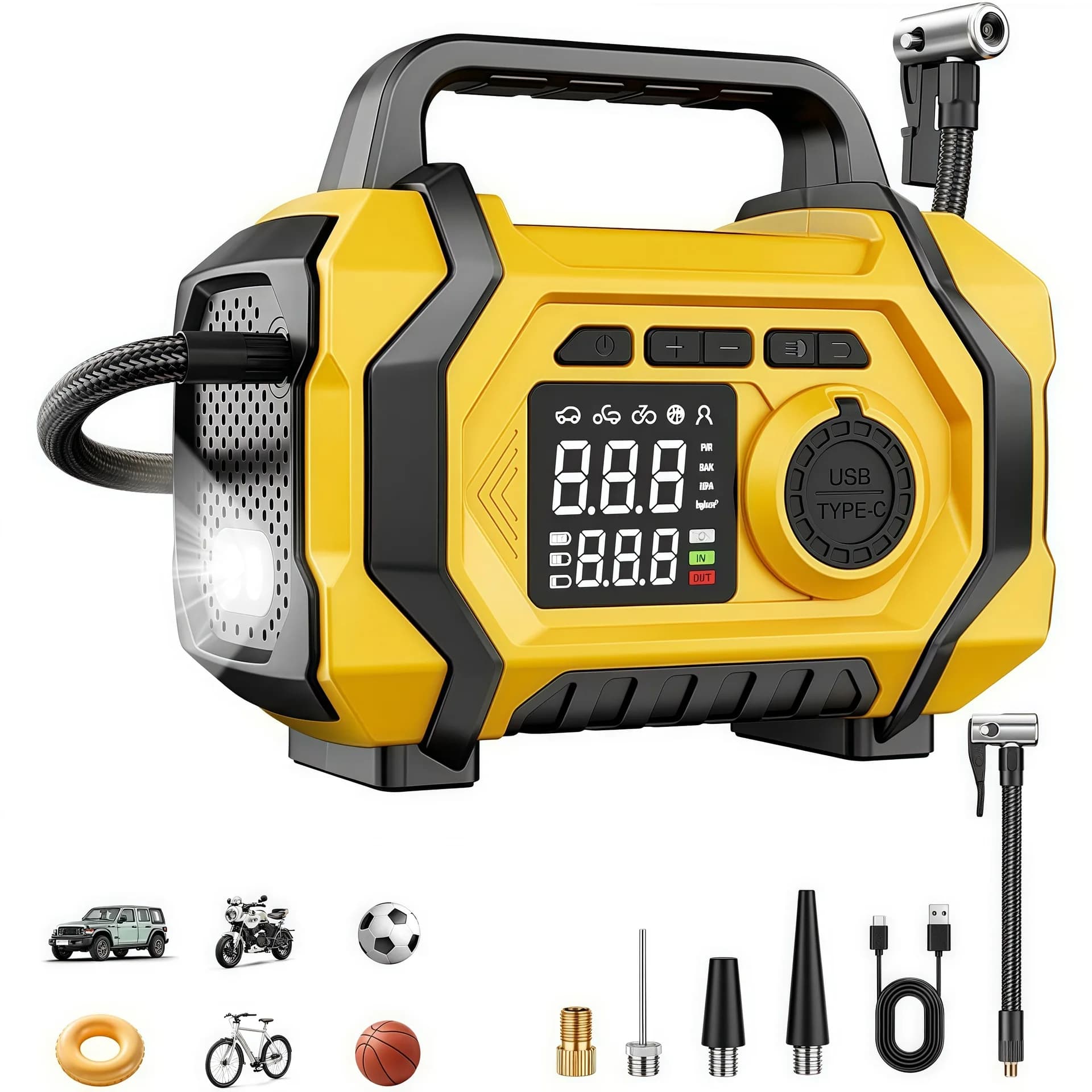 Gonfiatore Pneumatici Auto Wireless 4-in-1 con Avviatore d'Emergenza, Power Bank e Aspirapolvere Portatile