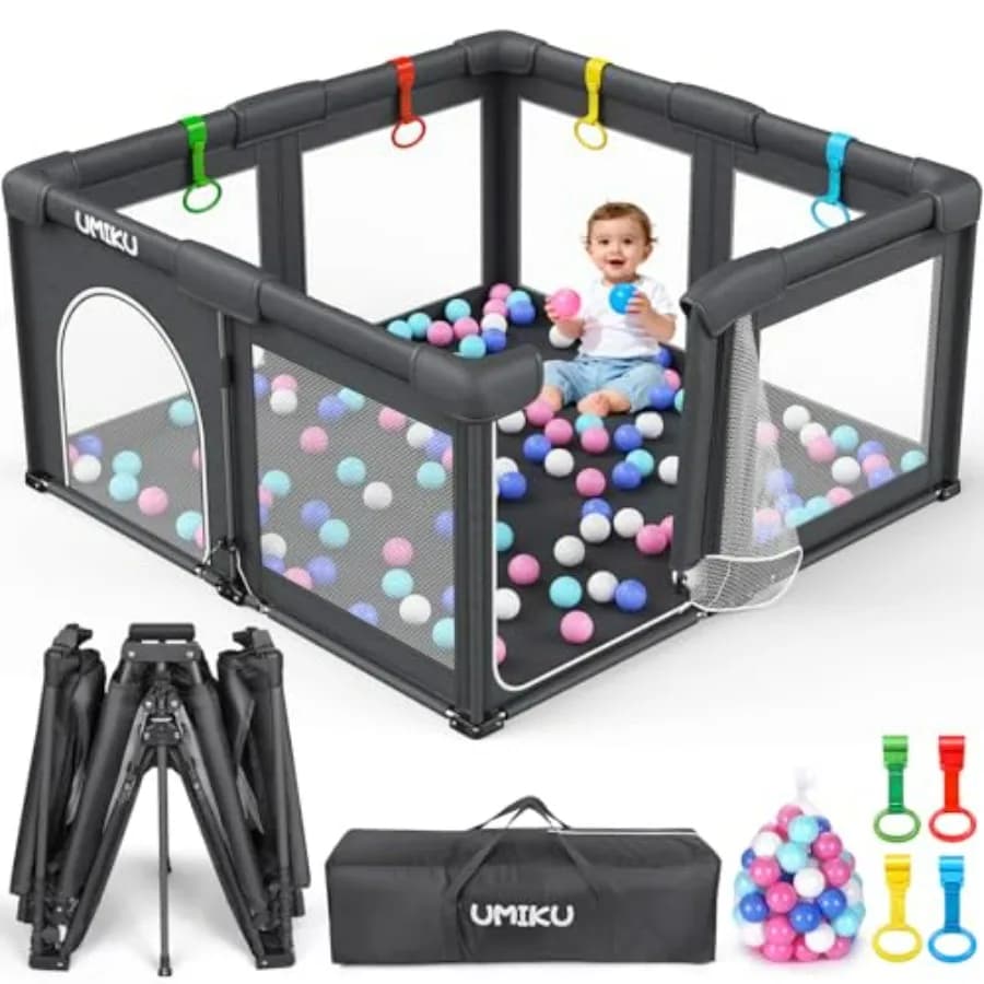Box per Bambini Pieghevole 50x50 Grigio Scuro, Recinto Portatile con 2 Porte per Bambini Piccoli, Uso Interno ed Esterno, 4 Maniglie, 50 Palline, Regalo E