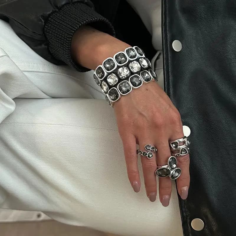 Elegant Acrylic Rhinestone Bracelet Open Ring For Women Korean Fashion Geometry Adjustable Party Jewelry Lady Gifts