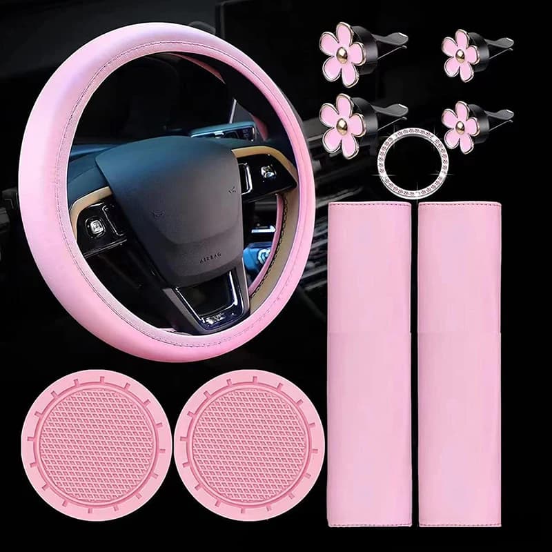 Coprivolante in pelle da 10 pezzi per donna Set di accessori per auto carini con spallacci per cintura di sicurezza Decorazioni portabicchieri