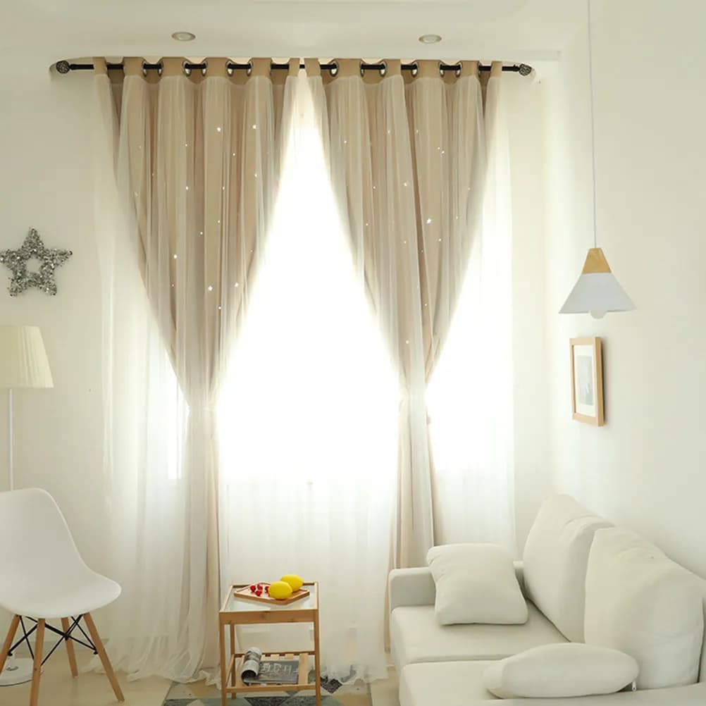 Star Blackout Curtain Double Layer Hollow Out Window Drapes Regular Grommets Bedroom Living Room 1x2m Beige Light Blocking Star