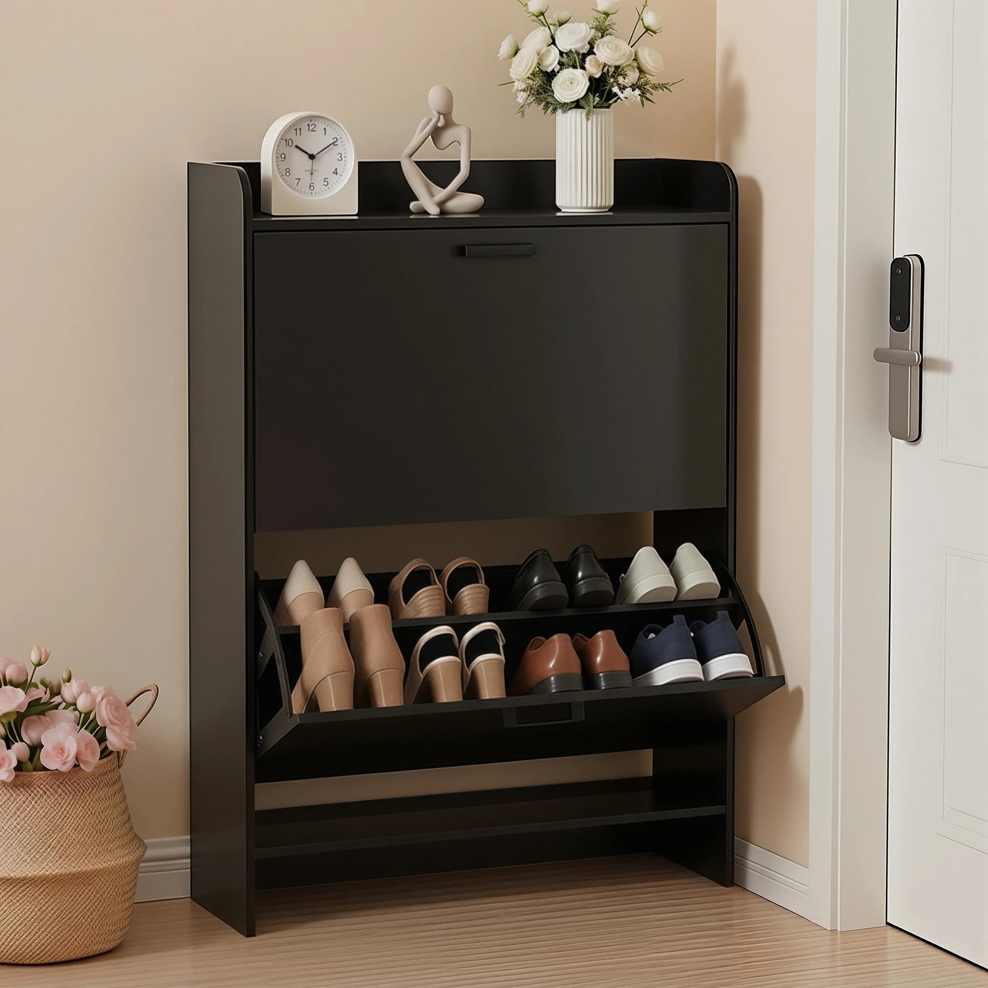 Shoe Cabinet with 2 Flip Drawers, Slim Wooden Shoe Storage Organizer for Entryway, Hallway & Living Room