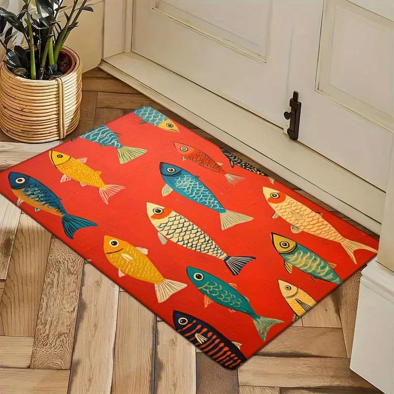 Tappetino per porta con motivo a pesci vivaci da 1 pezzo - Tappetino in poliestere antiscivolo, assorbente e lavabile in lavatrice con design a forma di pesce colorato su Ba rosso