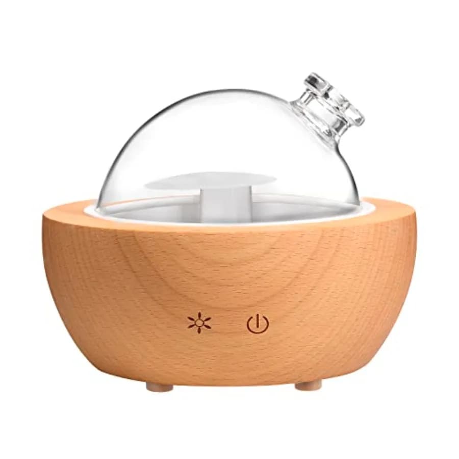 Diffusore di Oli Essenziali in Vetro da 200ml con Base in Legno Naturale, Umidificatore a Ultrasuoni da Tavolo con LED
