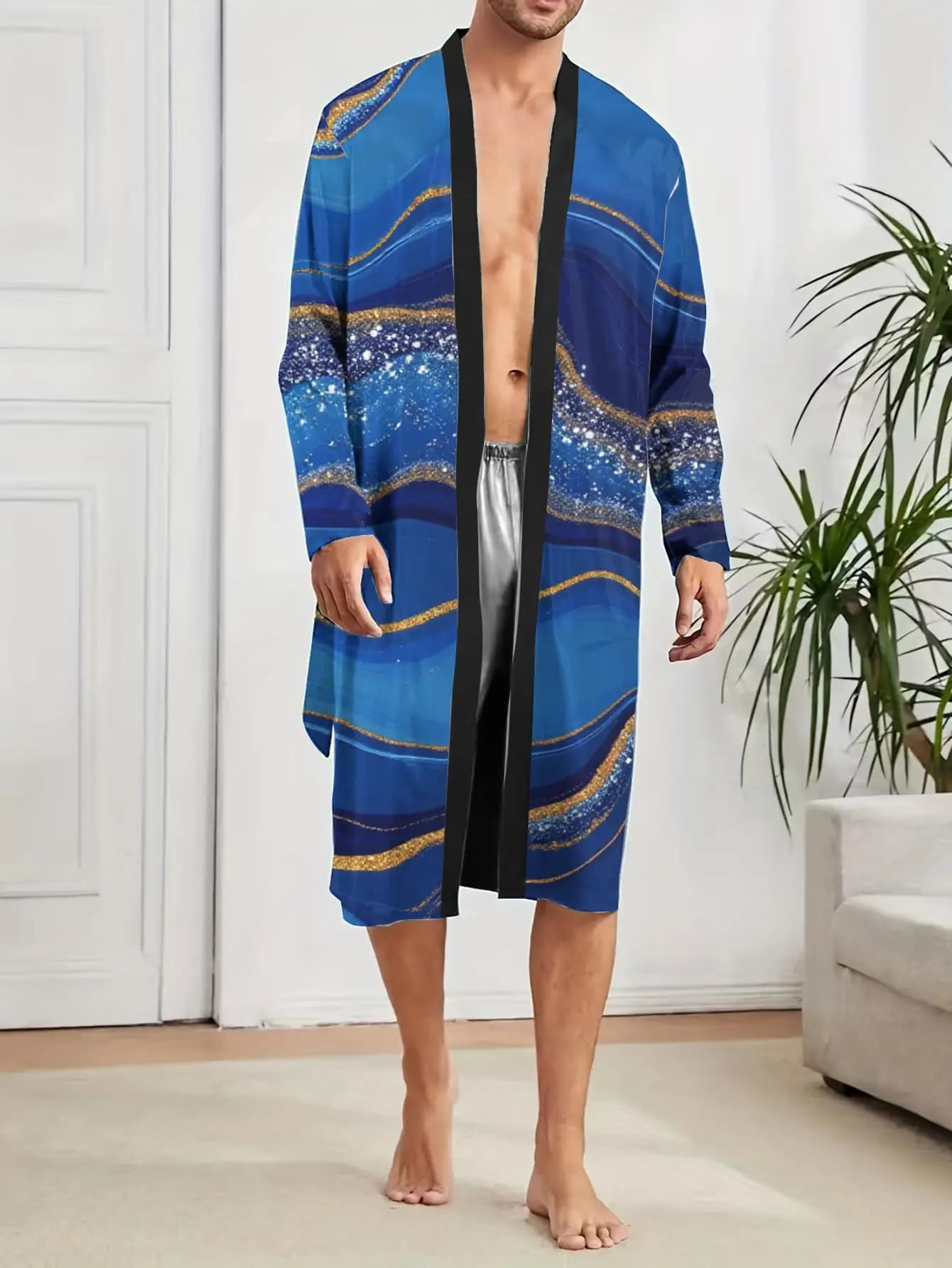1 Pezzo Vestaglia da Uomo Primavera/Estate 2026 in Poliestere con Stampa Grafica 3D, Vestaglia da Bagno Lunga da Uomo, Camicia da Notte