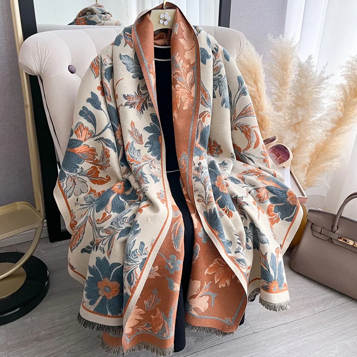 Sciarpa invernale in cashmere di lusso per donna Squisita stampa floreale Caldo scialle di pashmina Spessore e accogliente coperta avvolgente