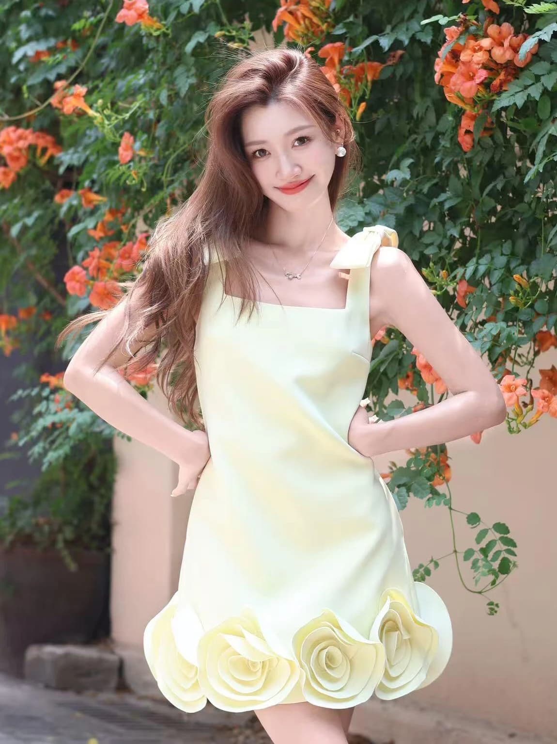 Abito in stile principessa con design floreale 3D e nodo, gonna casual a vita alta a trapezio per donna, primavera estate