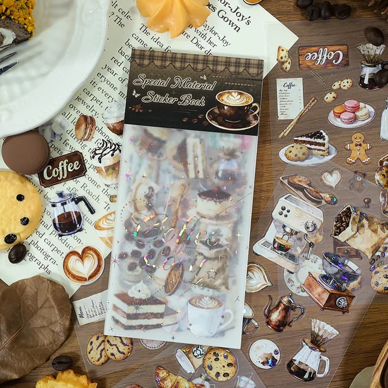 20 Fogli Pre-Tagliati Opachi di Adesivi Washi PET a Tema Caffè e Pan di Zenzero, Set di Adesivi Gatto per Scrapbooking, Junk Journal e Planner